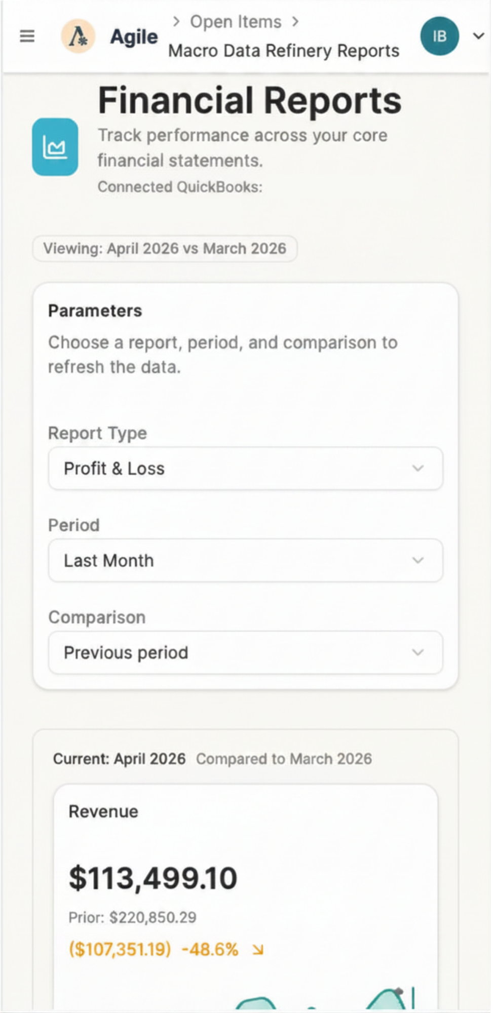 Agile App mobile report setup and books status