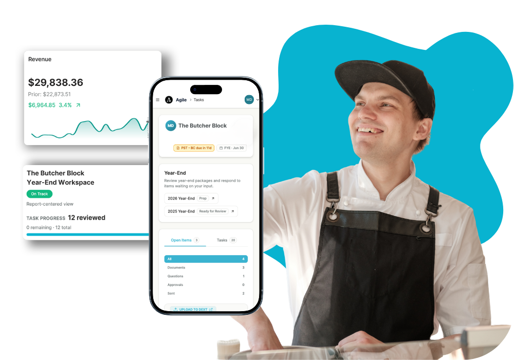 Business owner with Agile App financial dashboard previews