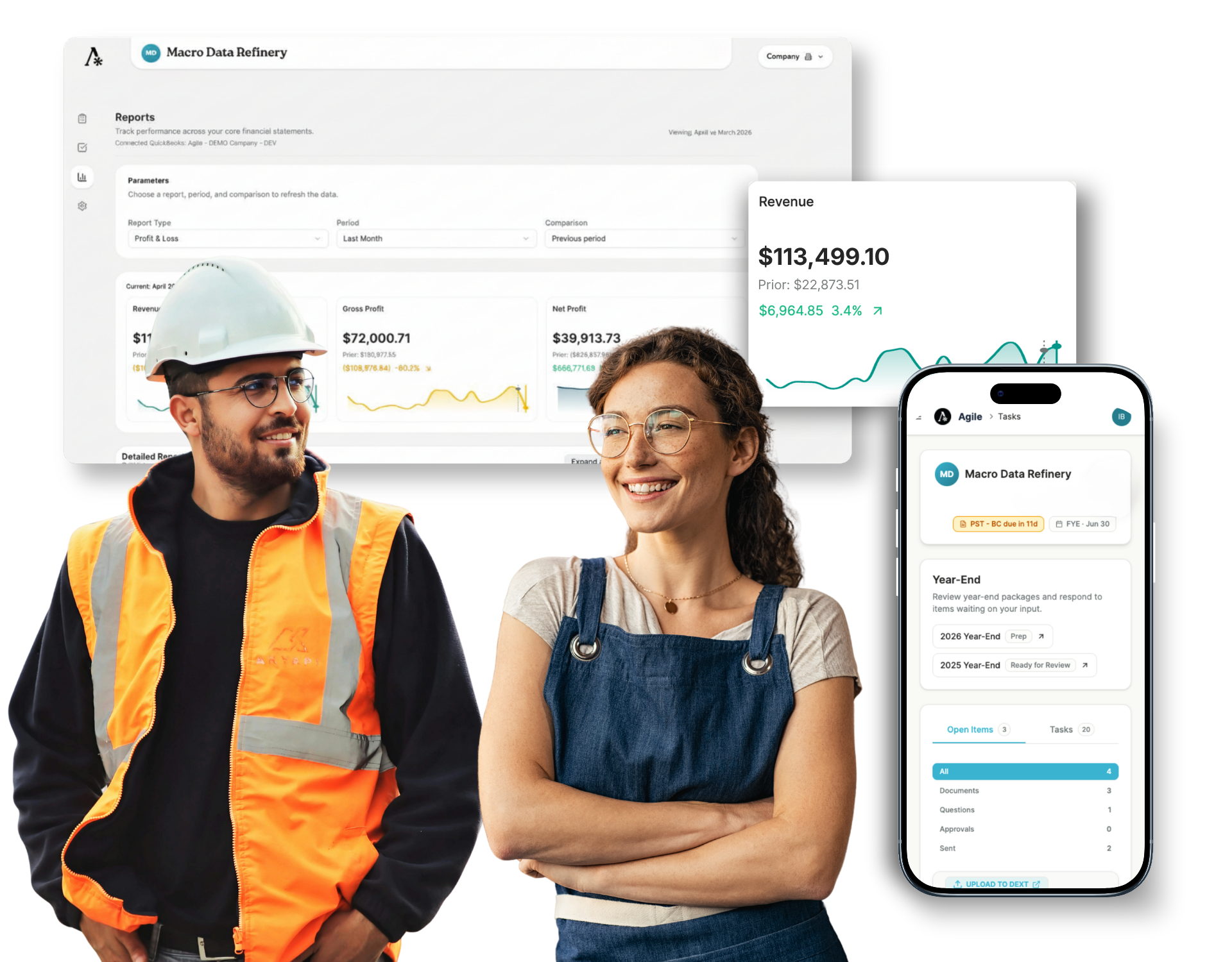 Small business owners with Agile app financial reports and task views
