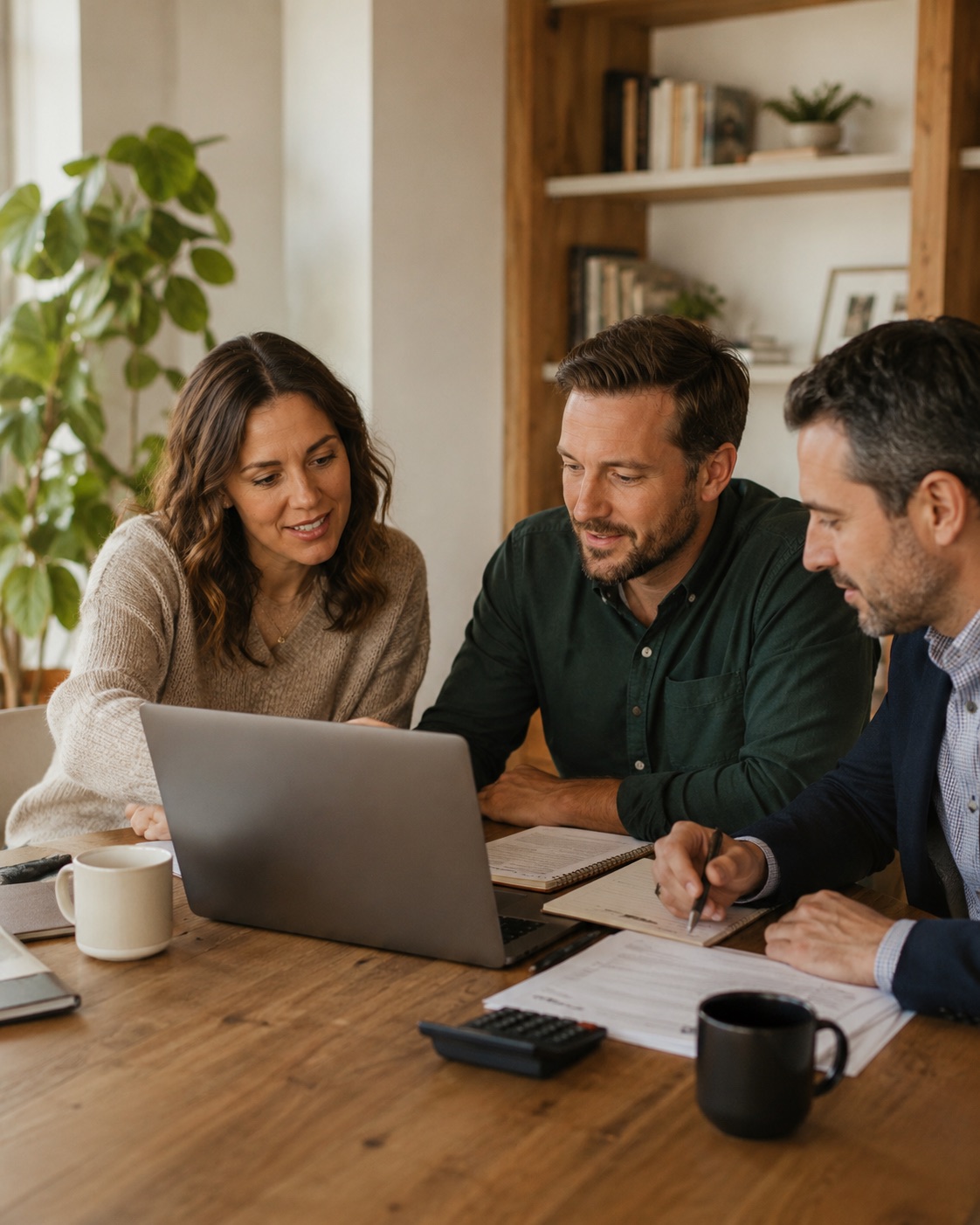 Accountants and advisors reviewing client books and year-end notes around a laptop