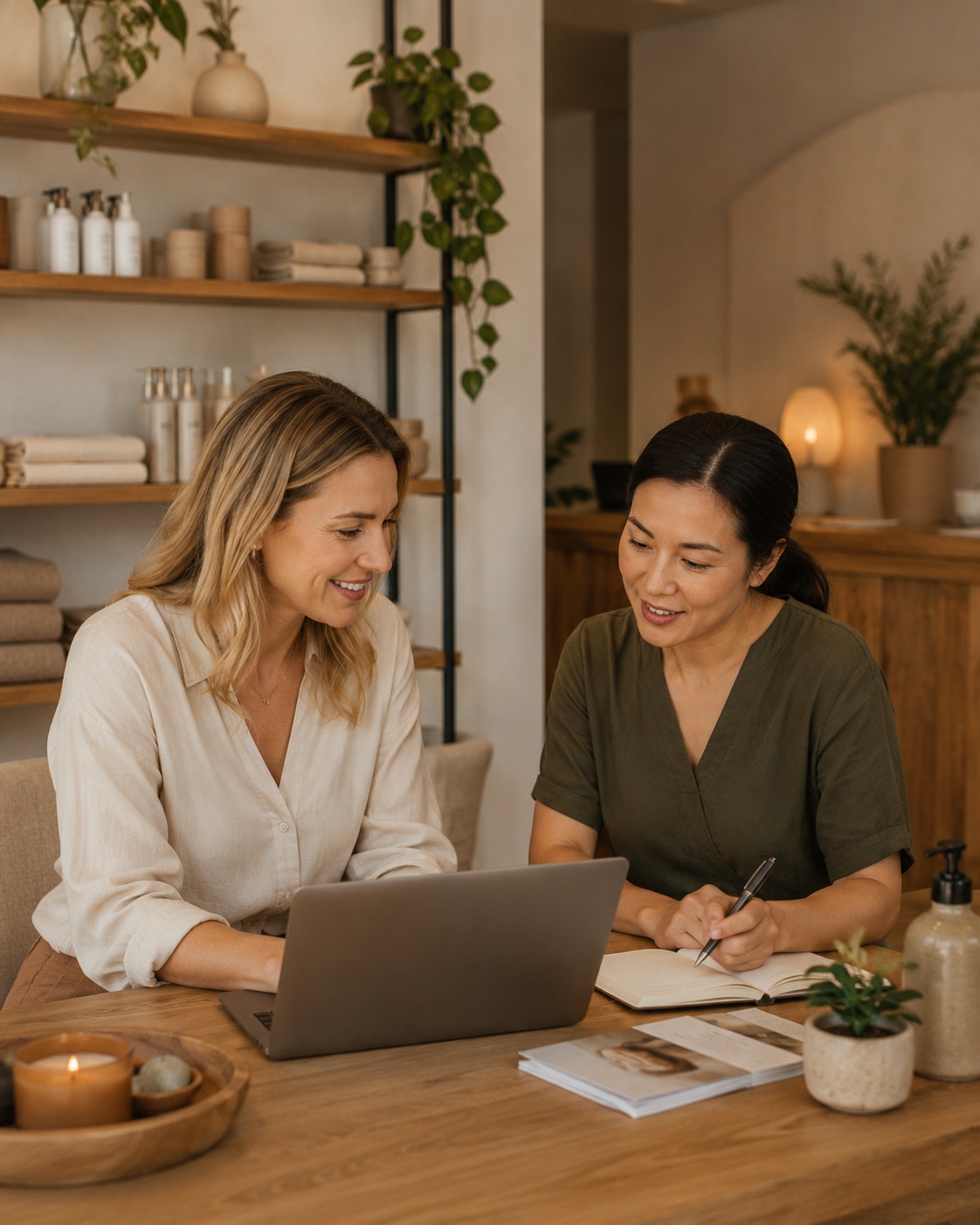 Health and wellness practitioners reviewing clinic finances around a laptop