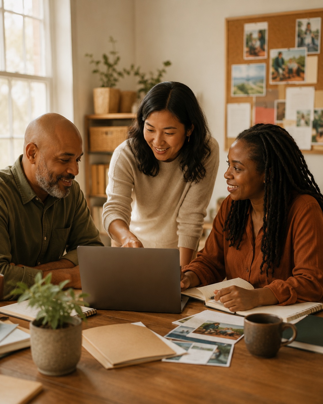 Nonprofit, charity, and church leaders reviewing mission finances around a laptop