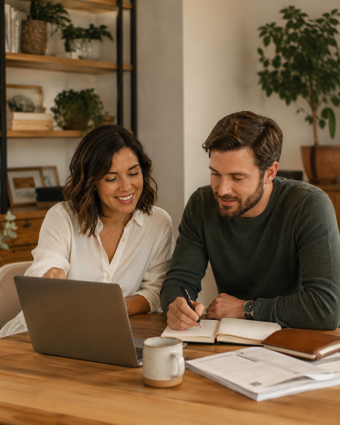 Professional service owners reviewing client work and bookkeeping around a laptop
