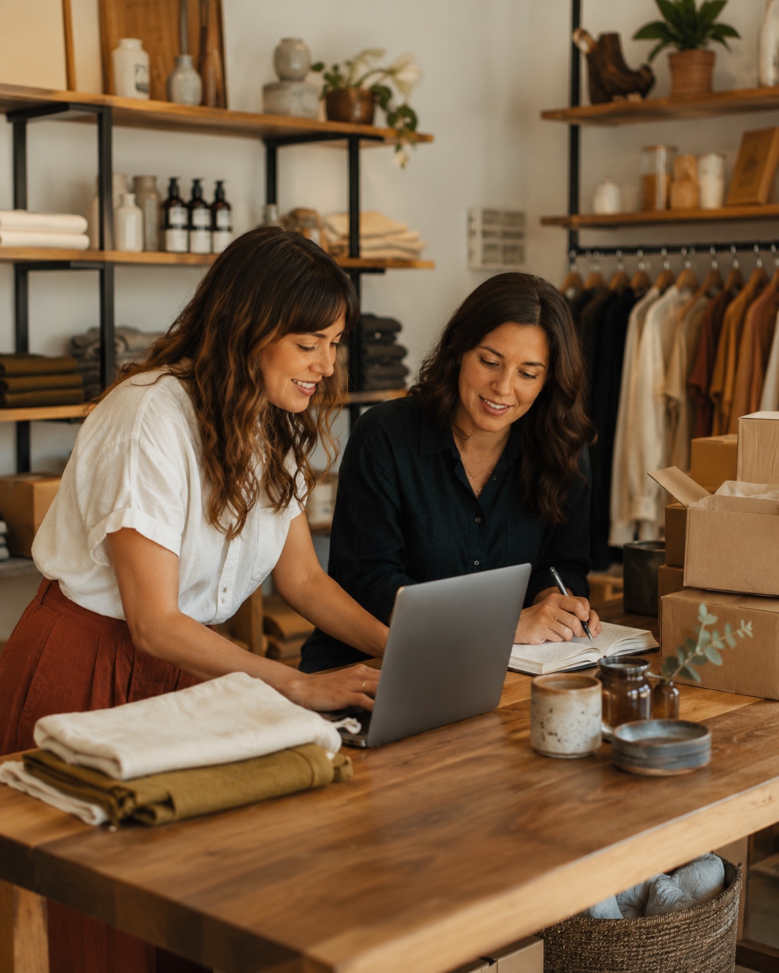 Retail shop owners reviewing sales and supplier notes in store