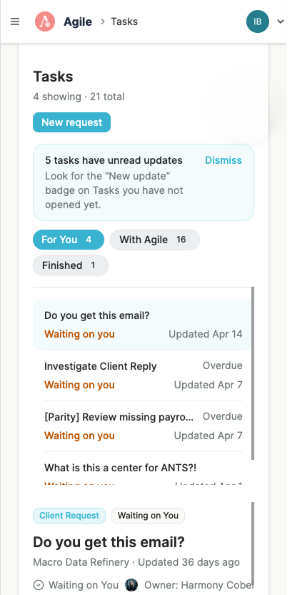 Agile App mobile tasks view