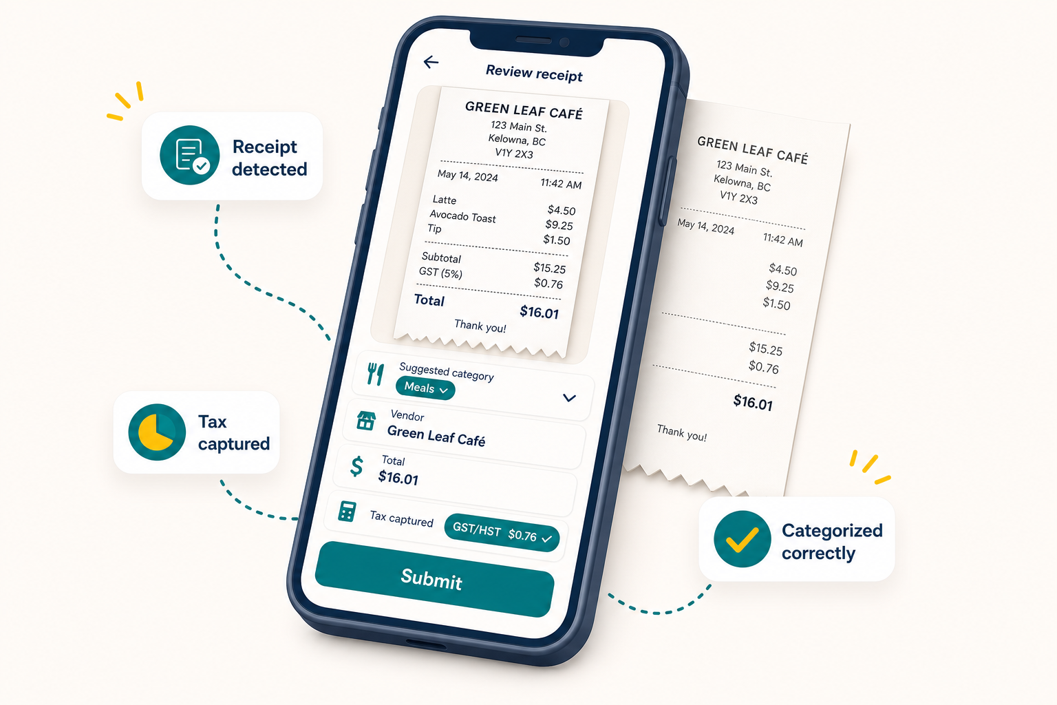 Illustration of a phone reviewing a captured receipt before submitting it for bookkeeping